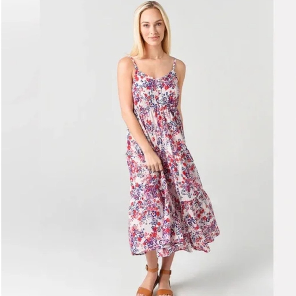 XIRENA BROOKLYN DRESS Floral Cotton Midi Dress with Spaghetti Straps Size Large